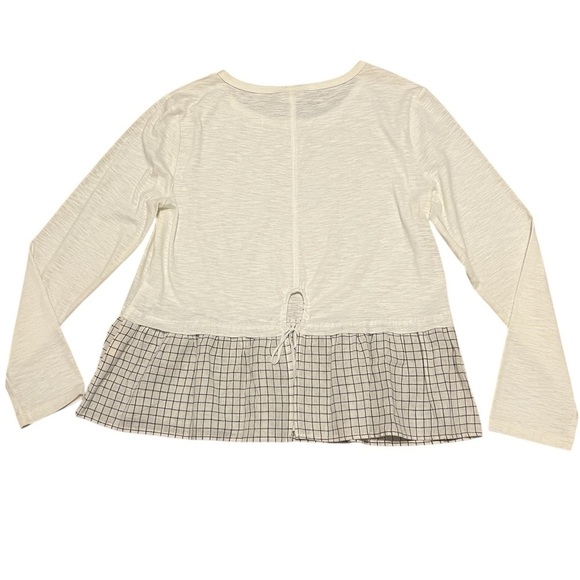 Mo:Vint NWOT cream long sleeve plaid ruffle keyhole back blouse boho - Picture 2 of 10